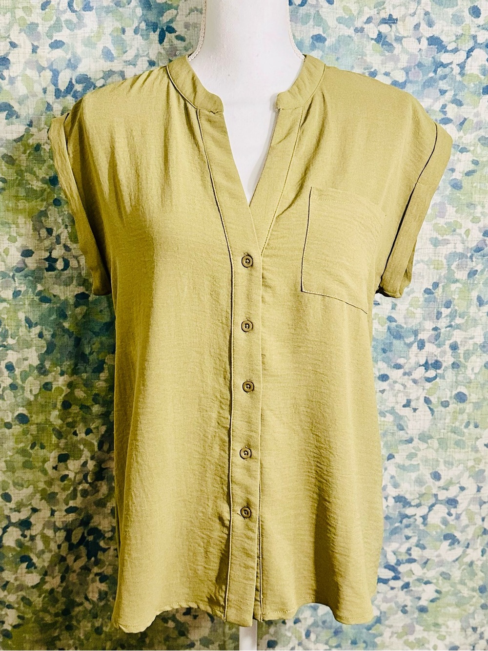 Papermoon Olive Green Button Front Blouse | Rolled Sleeve Top | Size S